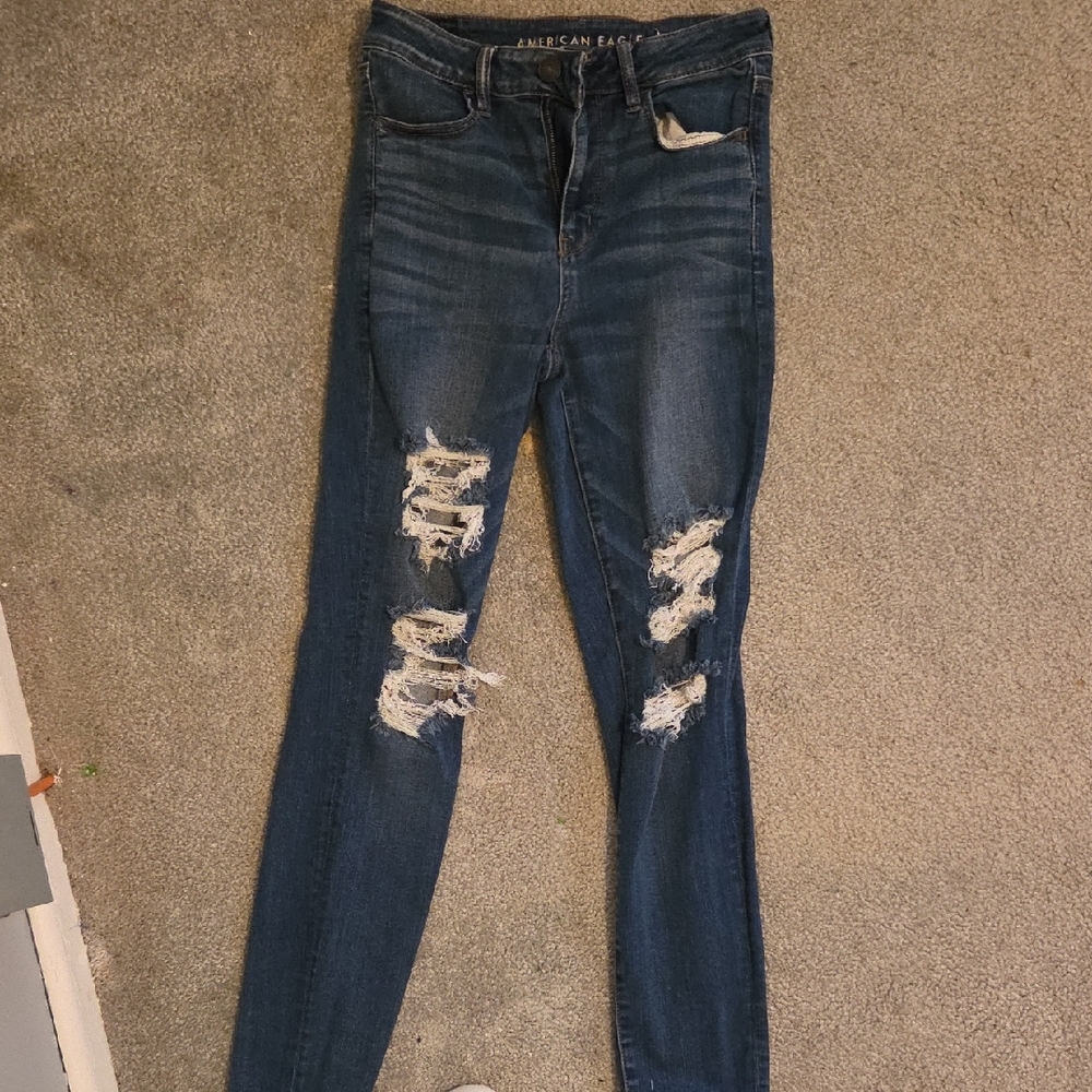 American Eagle Outfitters Women's Dark Blue Ripped Skinny Jeans